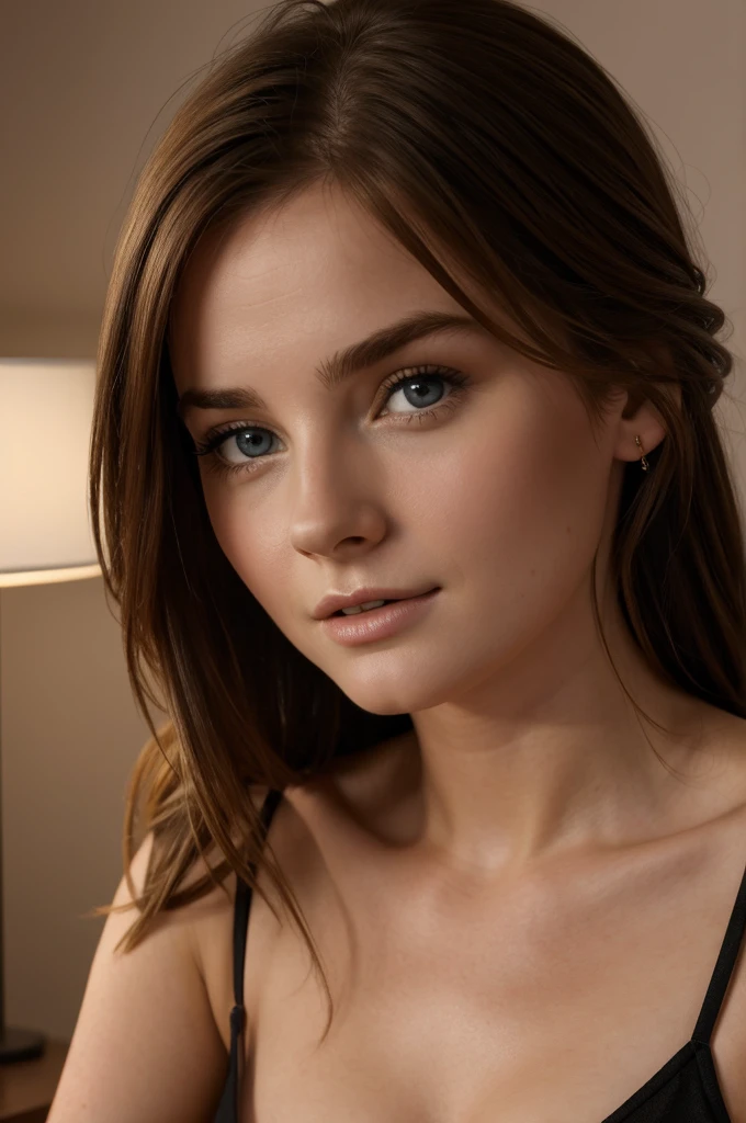 Libby Dunne, sexy, beautiful seducing face ultra realistic 8k bedroom background 