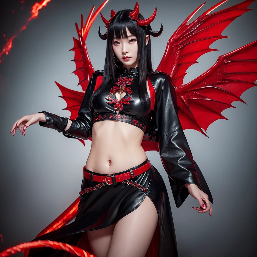 Very beautiful japanese Lady Dragon with wings and horns in black leather outfit with red belt and red ribbons on her legs.