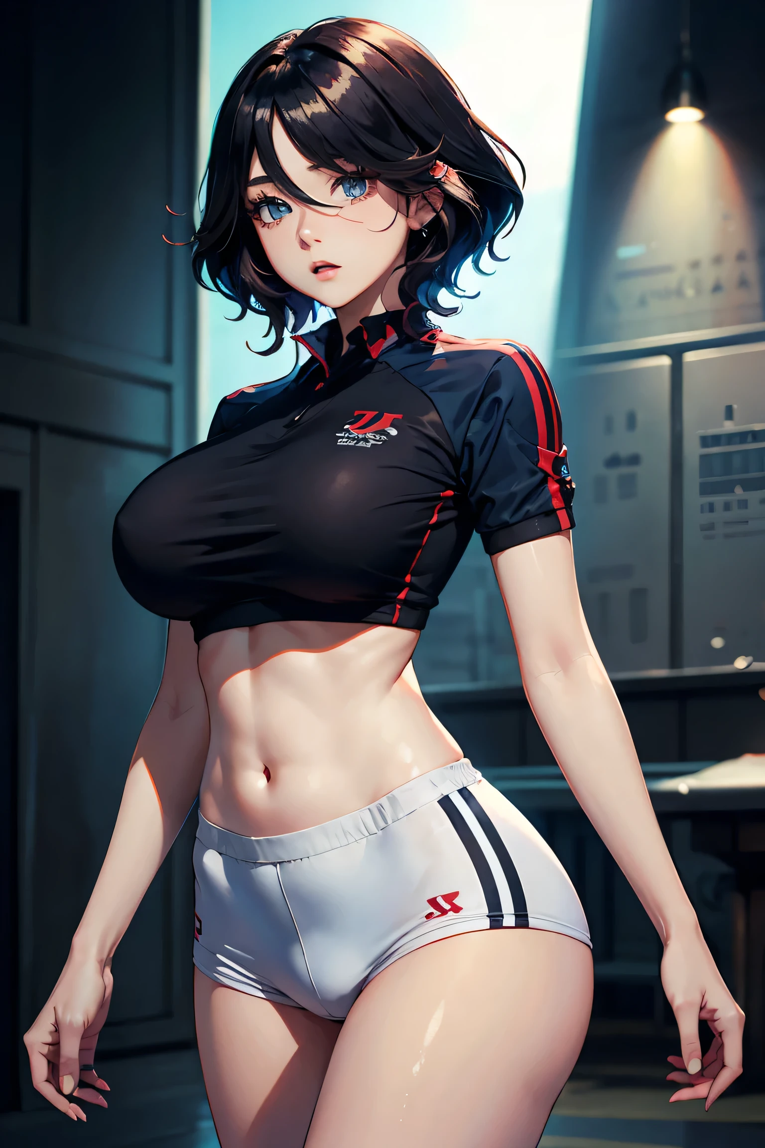 (masterpiece:1.4)、(highest quality:1.4)、ultra high resolution、beautiful features、20 year old woman、black very short hair、athletics uniforms、(huge :1.2)、red face、serious expression、arena、stand、arms behind body