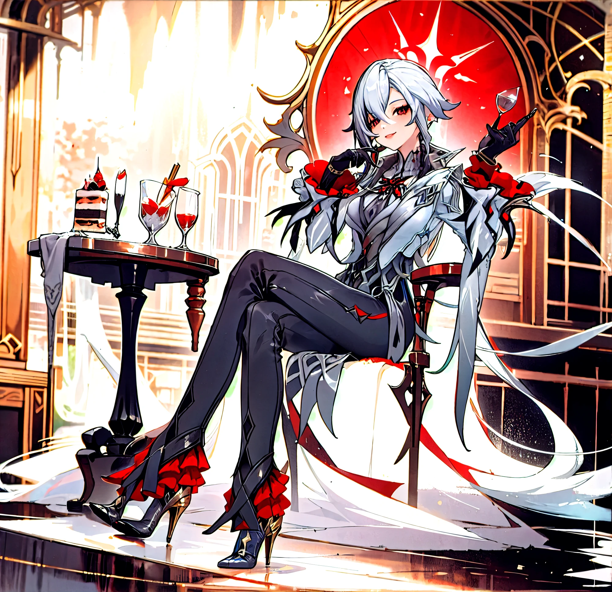 1girl, arlecchino \(genshin impact\), black gloves, grey tailcoat, black pants, grey vest, grey shirt, high heels, light smile, looking at viewer, sitting, full body, crossed legs, holding food, chair, table, cake, garden, outdoor, depth of field