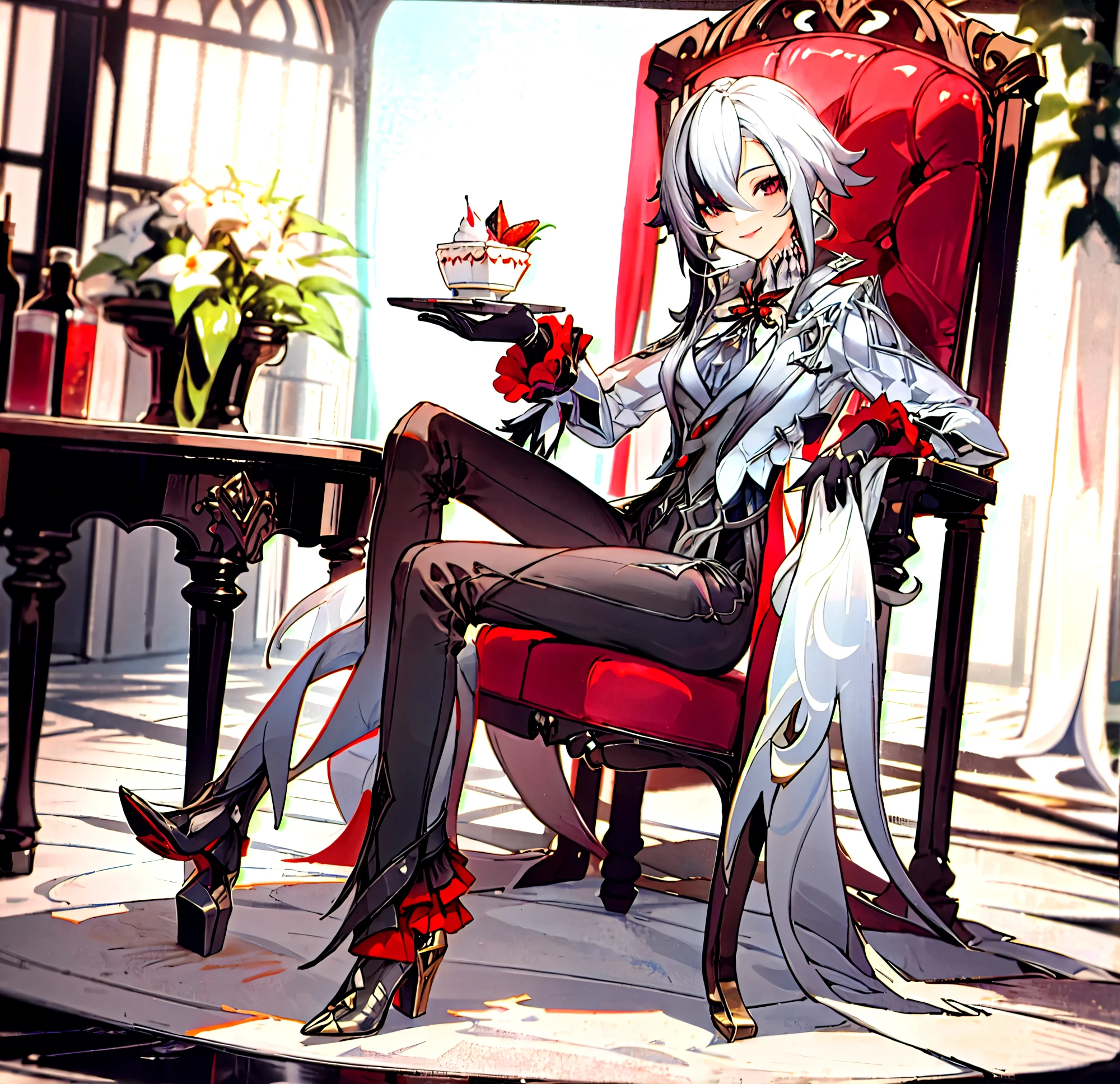 1girl, arlecchino \(genshin impact\), black gloves, grey tailcoat, black pants, grey vest, grey shirt, high heels, light smile, looking at viewer, sitting, full body, crossed legs, holding food, chair, table, cake, garden, outdoor, depth of field