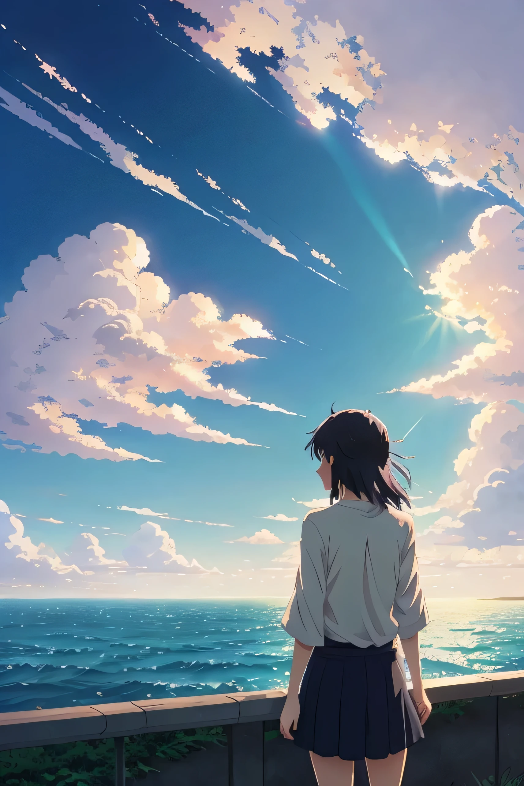 anime girl standing in front of a large cloud with a blue sky behind her, beautifull puffy clouds. anime, anime clouds, anime nature wallpap, anime sky, anime nature, anime landscape wallpaper, anime landscape, anime scenery, anime atmospheric, anime background, anime wallaper, beautiful anime scenery, cosmic skies. by makoto shinkai, anime. by makoto shinkai, beautiful anime art, wallpaper anime blue water, beautiful anime artwork, by Makoto Shinkai, by makoto shinkai, makoto shinkai art style