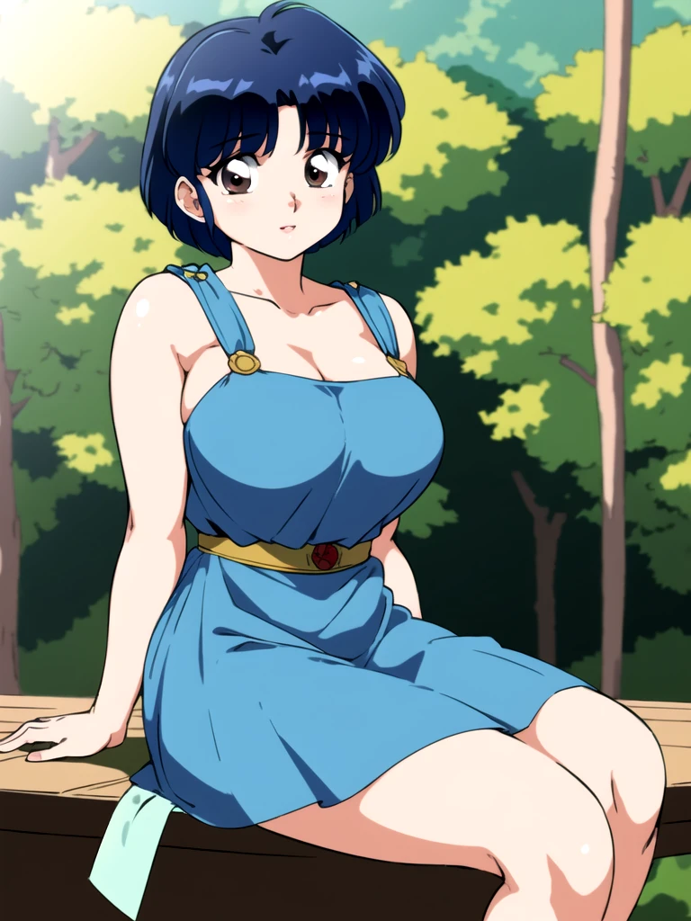 HDR, CG, sharp focus, (8k), (4k), masterpiece, best quality, detailed skin, extremely detailed, hiper detailed,  sharp focus, looking at viewer, high quality,  AKANE, Akane tendou, short hair, blue hair, brown eyes ,curtain pelvic DRESS,  tetas grandes bush, solo, 1girl, sit on bench, park background, hands on chest, heels,  white dress,
