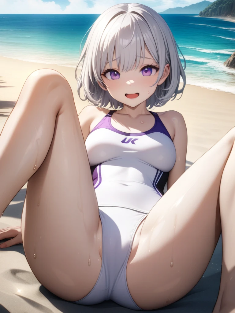 32k, best quality, ultra high res, HDR, UHD, extremely detailed CG, unity 32k wallpaper, very cute, , 1 person, Purple eyes, (White competitive swimsuit), Beach, White short hair, (large breasts), Laugh shyly, Lie down, (Spread your legs wide), Sweat,