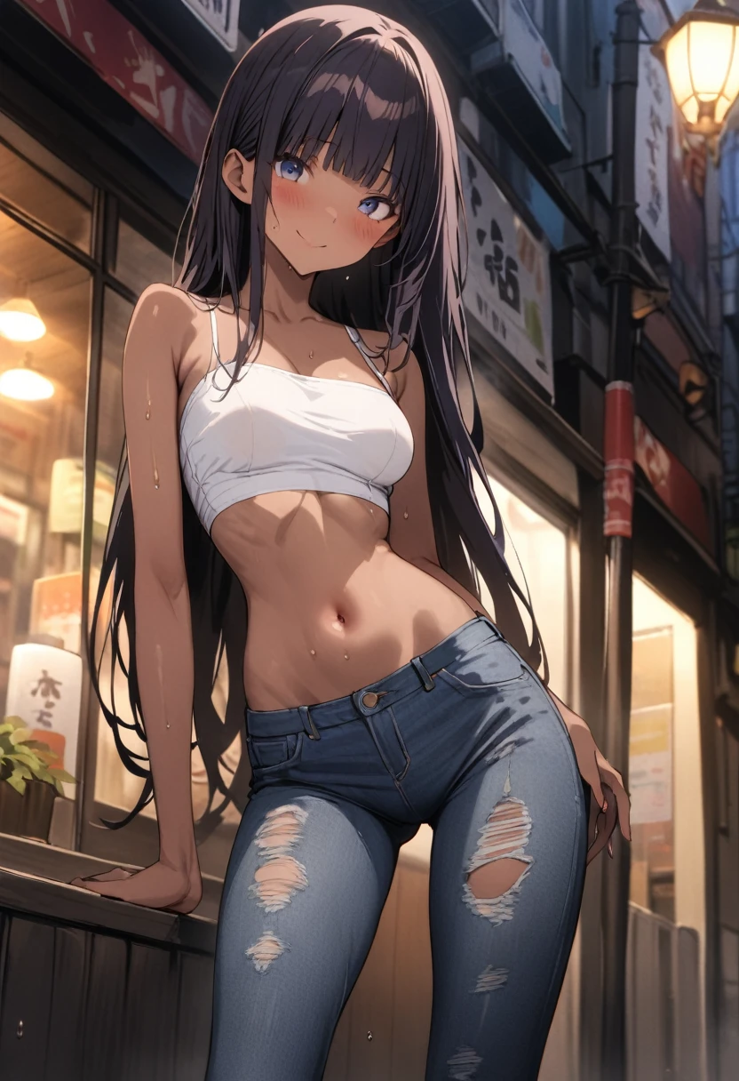 (((masterpiece, highest quality:1.3,absurdres))),25 year old beauty,solo,((very small head:1.3)),long hair,bangs,dark blue hair,dark blue eyes,gorgeous eyes,blush,smile,medium breasts,((very long body:1.2)),((toned body,slender body)),skinny,tan skin,gleaming skin,shiny skin,sweat,((damaged denim)),((White tube top,navel)),on street,Tokyo、at night、
