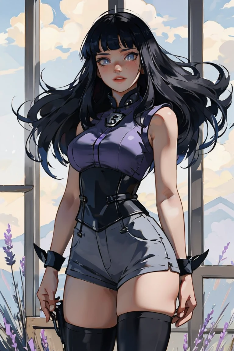 1 girl, Hinata Hyuga, the last, shy girl, long black hair, blunt bangs, dark hair, Voluminous hair, lavender eyes, no pupils, Lavender Sleeveless Kimono Blouse, long black boots, navy blue shorts, Black translucent stockings, holster, bandage on thigh, open sandals, big breasts, wide hips, shapely legs, slim waist, looking at viewer, masterpiece, best quality, Professional, realistic, Adult, 26 years.