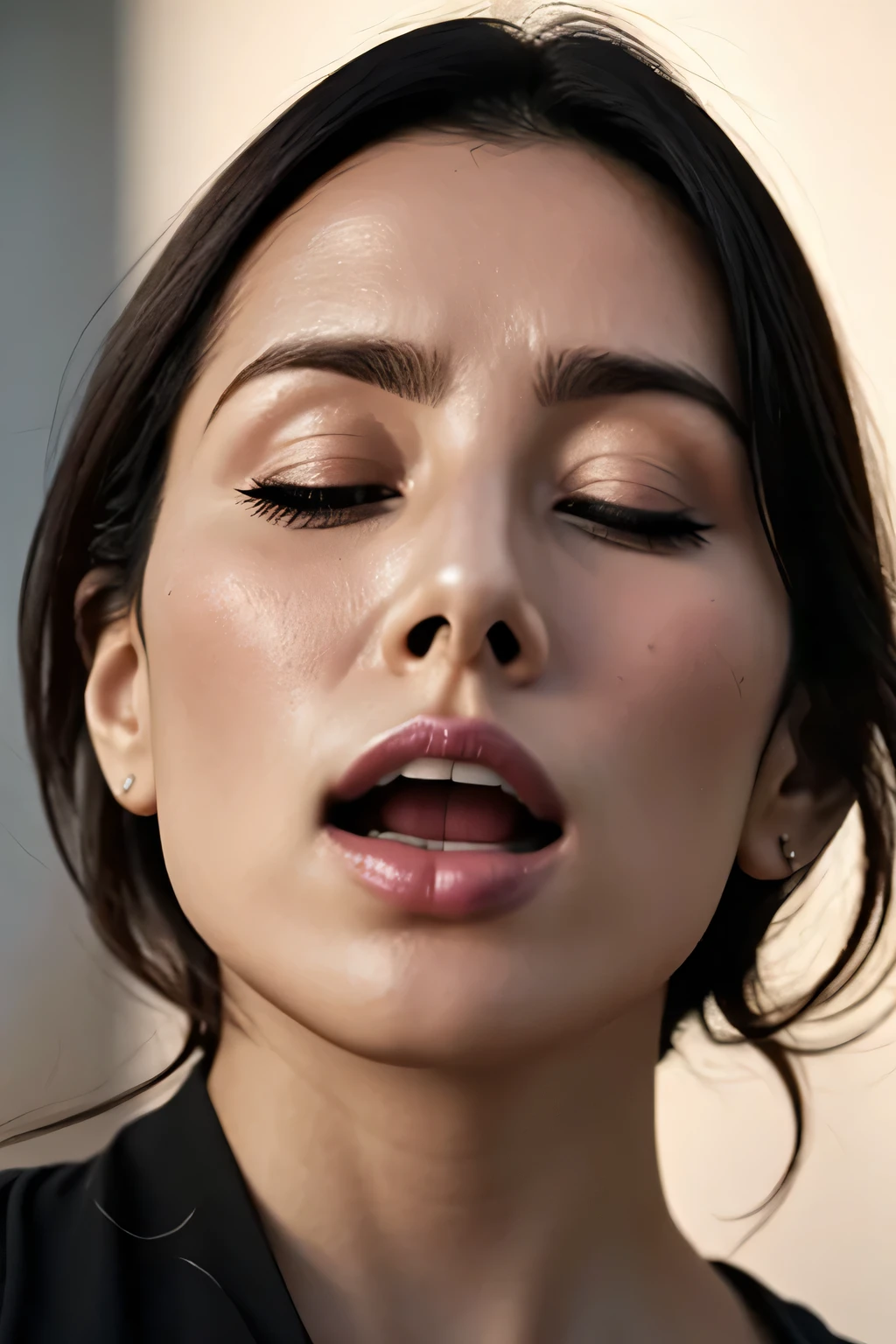 Pieces fly,Award-winning photo, Very detailed, Edge Orgasm, Woman with open mouth and closed eyes , Sweaty skin、Lighting that highlights shiny sweat{{{Spread the word }}}, Black Hair、Browsing Caution,{{{{Crowd of male spectators}}}},(Long, narrow nostrils)、