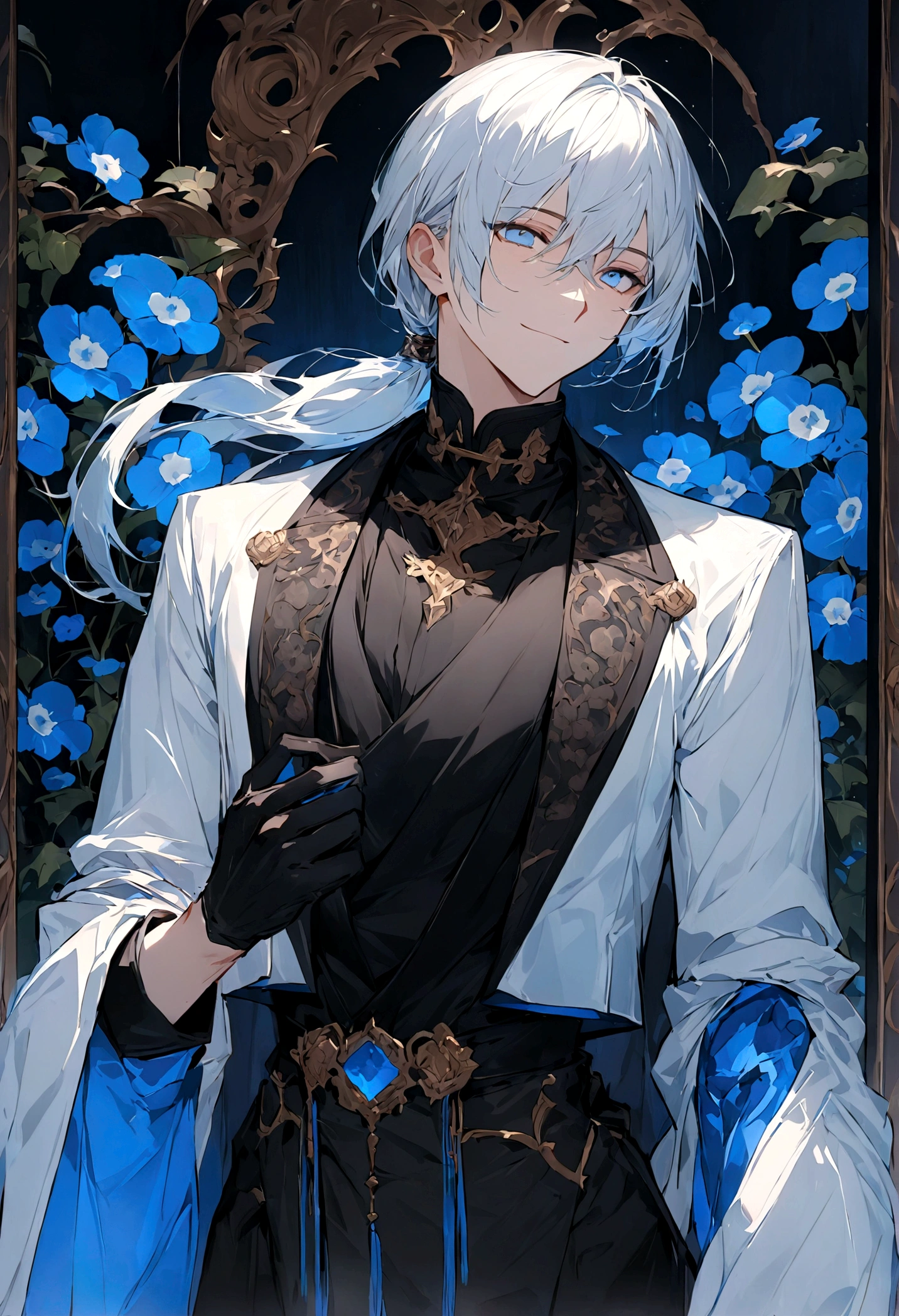 (masterpiece:1.5),best quality,(1 Handsome man),alone,white medium length hair,Low ponytail,(blue eyes), (A soft smile),elegant,perfect face,Fantasy Chinese style,Long black trench coat,white and blue cloth,Complex clothing design with Chinese elements,Black leather gloves,white lining,White suit pants,Slightly muscular body,High,8K,Beautiful contrast of light and shadow,Dark luxury background,(complete upper body),Positive face,((Nemophila)),luxury screen,blue flowers