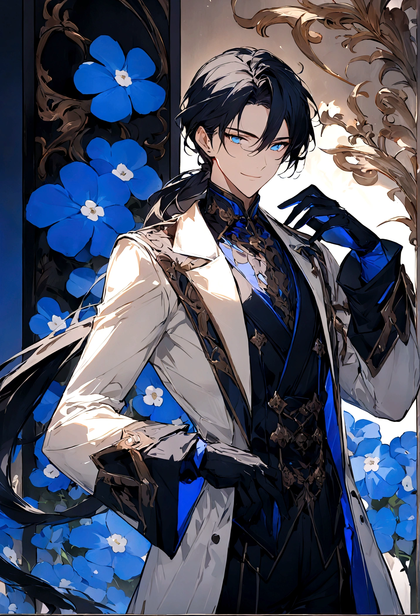 (masterpiece:1.5),best quality,(1 Handsome man),alone,white medium length hair,Low ponytail,(blue eyes), (A soft smile),elegant,perfect face,Fantasy Chinese style,Long black trench coat,white and blue cloth,Complex clothing design with Chinese elements,Black leather gloves,white lining,White suit pants,Slightly muscular body,High,8K,Beautiful contrast of light and shadow,Dark luxury background,(complete upper body),Positive face,((Nemophila)),luxury screen,blue flowers