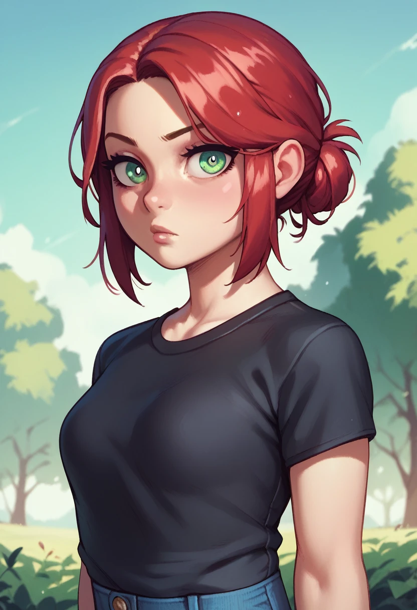 ((red hair)), green eyes, half bun hair, bust, ((curious look)), ((masterpiece)), ((detailed)), ((black shirt)), ((blue jeans)), ((best quality)), ((outside)), small breasts, ((bright)), (pretty eyes), looking at viewer