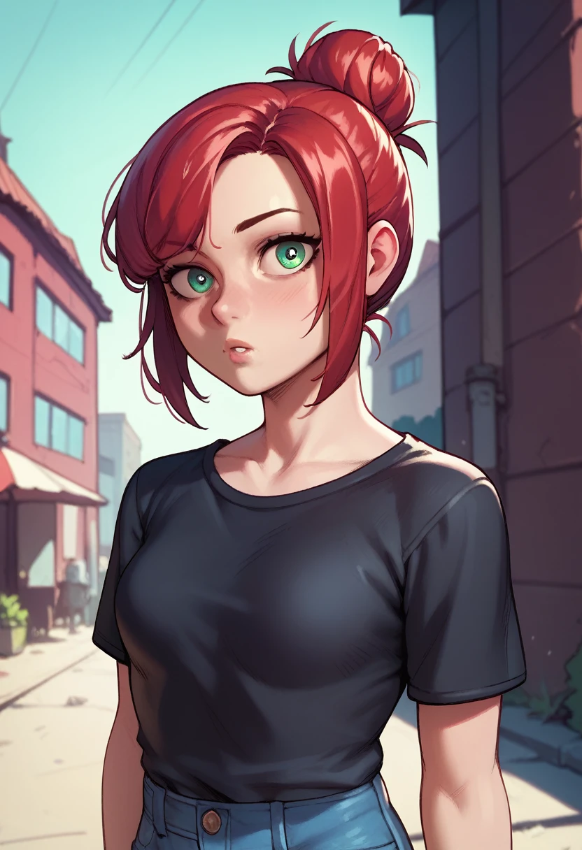 ((red hair)), green eyes, half bun hair, bust, ((curious look)), ((masterpiece)), ((detailed)), ((black shirt)), ((blue jeans)), ((best quality)), ((outside)), small breasts, ((bright)), (pretty eyes), looking at viewer
