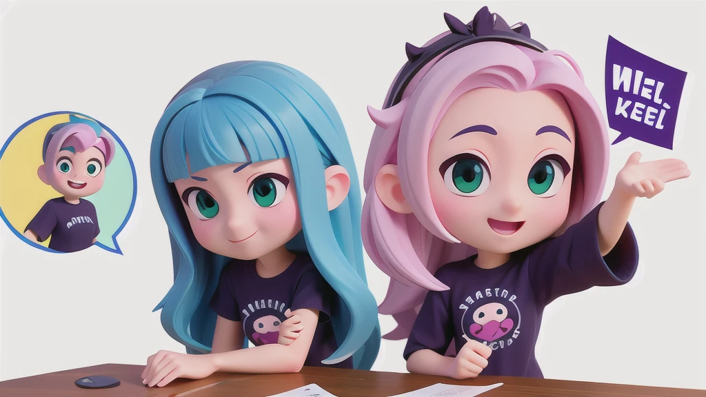 Masterpiece, Anime Style, Chibi, Illustrated Logo, Medium Short Shot, Twitch Emote of a Girl, with long hair, straight hair, vibrant blue hair, green eyes, tan skin, wearing a purple t-shirt, very happy celebrating, background white.