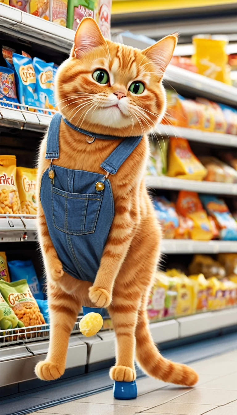 anthropomorphic cat,two animal legs,Garfield,a small cute catis wearing denim overalls without logo,without shirt,withoutshoes,eating a fish in its mouth and standing by thesupermarket shelf,many snacks on the supermarket shelves