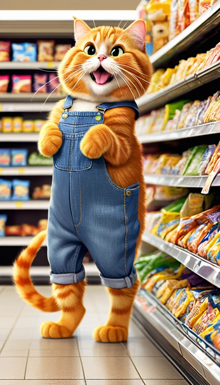 anthropomorphic cat,two animal legs,Garfield,a small cute catis wearing denim overalls without logo,without shirt,withoutshoes,eating a fish in its mouth and standing by thesupermarket shelf,many snacks on the supermarket shelves
