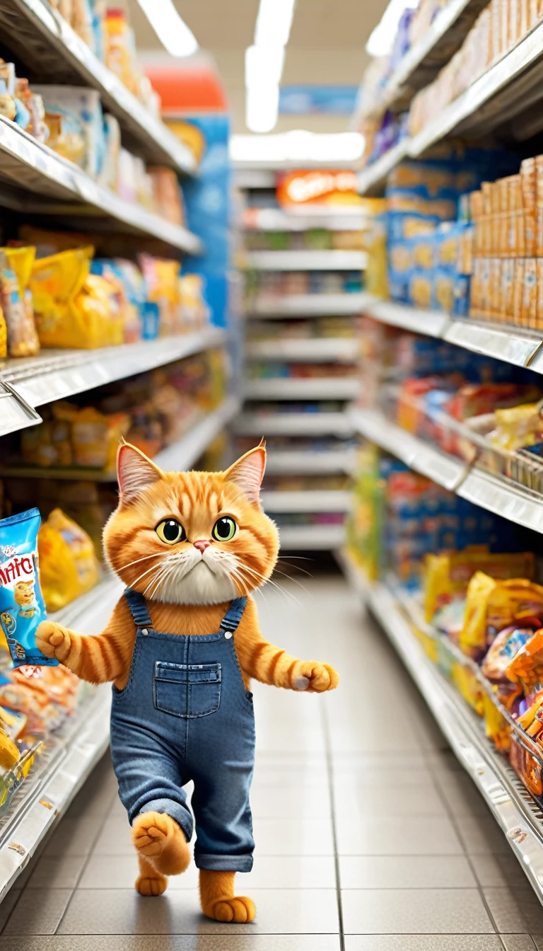 anthropomorphic cat,two animal legs,Garfield,a small cute catis wearing denim overalls without logo,without shirt,withoutshoes,eating a fish in its mouth and standing by thesupermarket shelf,many snacks on the supermarket shelves