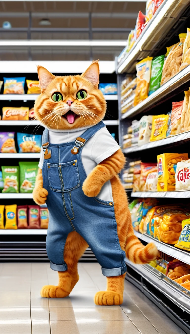 anthropomorphic cat,two animal legs,Garfield,a small cute catis wearing denim overalls without logo,without shirt,withoutshoes,eating a fish in its mouth and standing by thesupermarket shelf,many snacks on the supermarket shelves