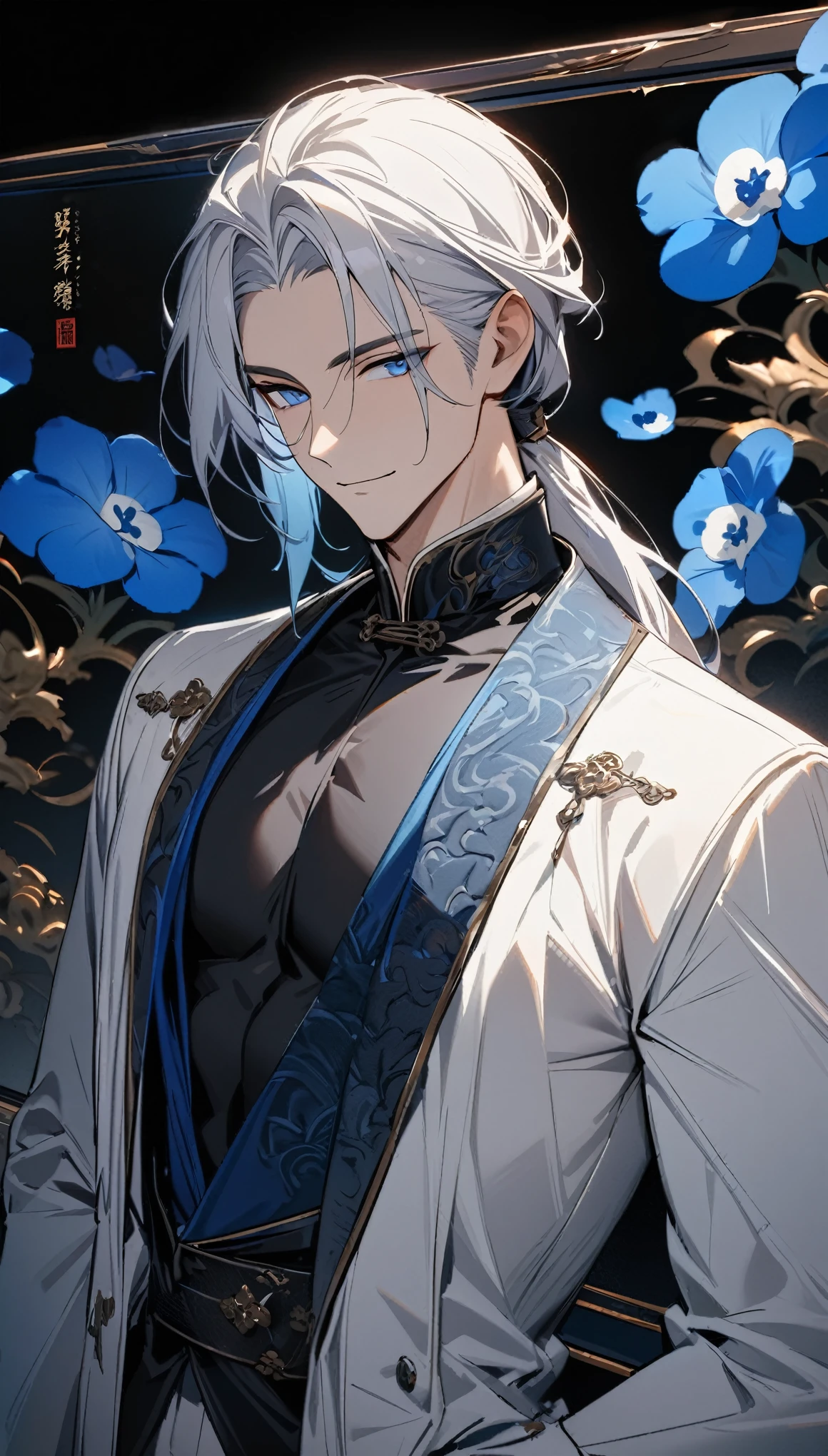 (masterpiece:1.5)，best quality，(1 Handsome man)，alone，white medium length hair，Low ponytail，(blue eyes), (A soft smile)，elegant，perfect face，Fantasy Chinese style，Long black trench coat，white and blue cloth，Complex clothing design with Chinese elements，Black leather gloves，white lining，White suit pants，Slightly muscular body，High，8K，Beautiful contrast of light and shadow，Dark luxury background，(complete upper body)，Positive face，((Nemophila))，luxury screen，blue flowers