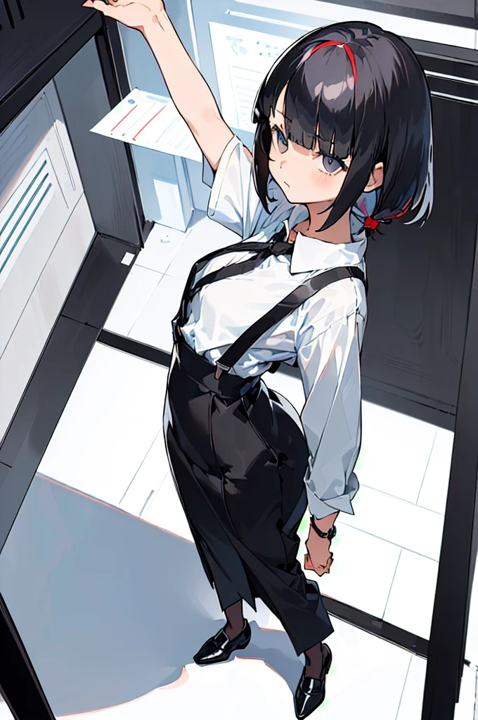(((((shy girl))))), ((((shy posture)))), (((1 Girl))), (((standing up straight))), (((full body))), ((((flat chested)))), ((((Urabe Mikoto Mysterious Girlfriend X anime style haircut)))), ((((((((hair bangs over eyes)))))))), ((((eyes behind hair)))), (((short messy bob-cut))), (((eyes not visible due to being covered by hair))), ((eyes not visible due to be hidden by hair bangs)), ((((black high-waist long slacks)))), ((black suspenders)), (((black tie))), (((women's dress shirt))), ((women's dress shoes)), (((20-year-old Office Lady))), ((((Office Setting)))).