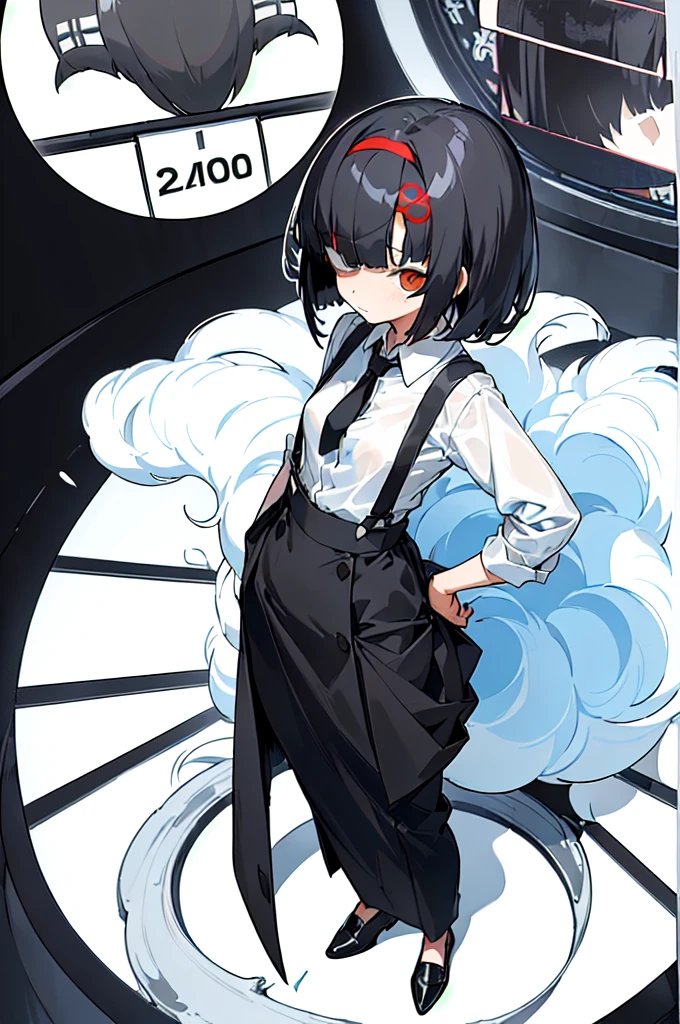 (((((shy girl))))), ((((shy posture)))), (((1 Girl))), (((standing up straight))), (((full body))), ((((flat chested)))), ((((Urabe Mikoto Mysterious Girlfriend X anime style haircut)))), ((((((((hair bangs over eyes)))))))), ((((eyes behind hair)))), (((short messy bob-cut))), (((eyes not visible due to being covered by hair))), ((eyes not visible due to be hidden by hair bangs)), ((((black high-waist long slacks)))), ((black suspenders)), (((black tie))), (((women's dress shirt))), ((women's dress shoes)), (((20-year-old Office Lady))), ((((Office Setting)))).