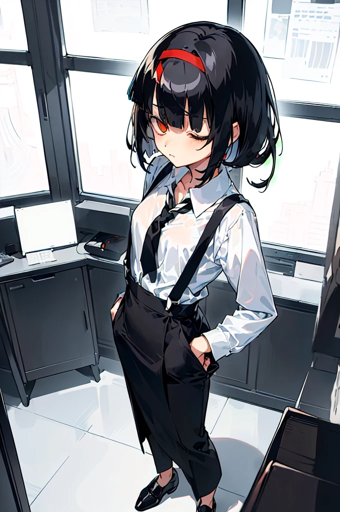 (((((shy girl))))), ((((shy posture)))), (((1 Girl))), (((standing up straight))), (((full body))), ((((flat chested)))), ((((Urabe Mikoto Mysterious Girlfriend X anime style haircut)))), ((((((((hair bangs over eyes)))))))), ((((eyes behind hair)))), (((short messy bob-cut))), (((eyes not visible due to being covered by hair))), ((eyes not visible due to be hidden by hair bangs)), ((((black high-waist long slacks)))), ((black suspenders)), (((black tie))), (((women's dress shirt))), ((women's dress shoes)), (((20-year-old Office Lady))), ((((Office Setting)))).