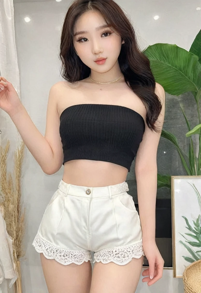 ((Best resolution)), ((high quality:1.2)), Work of art, 8k, extremely detailed, ((High detail:1.2)), (Hotlexi woman), Solo, (24 year old Korean Ulzzang female), (mini-shorts, crop strapless),