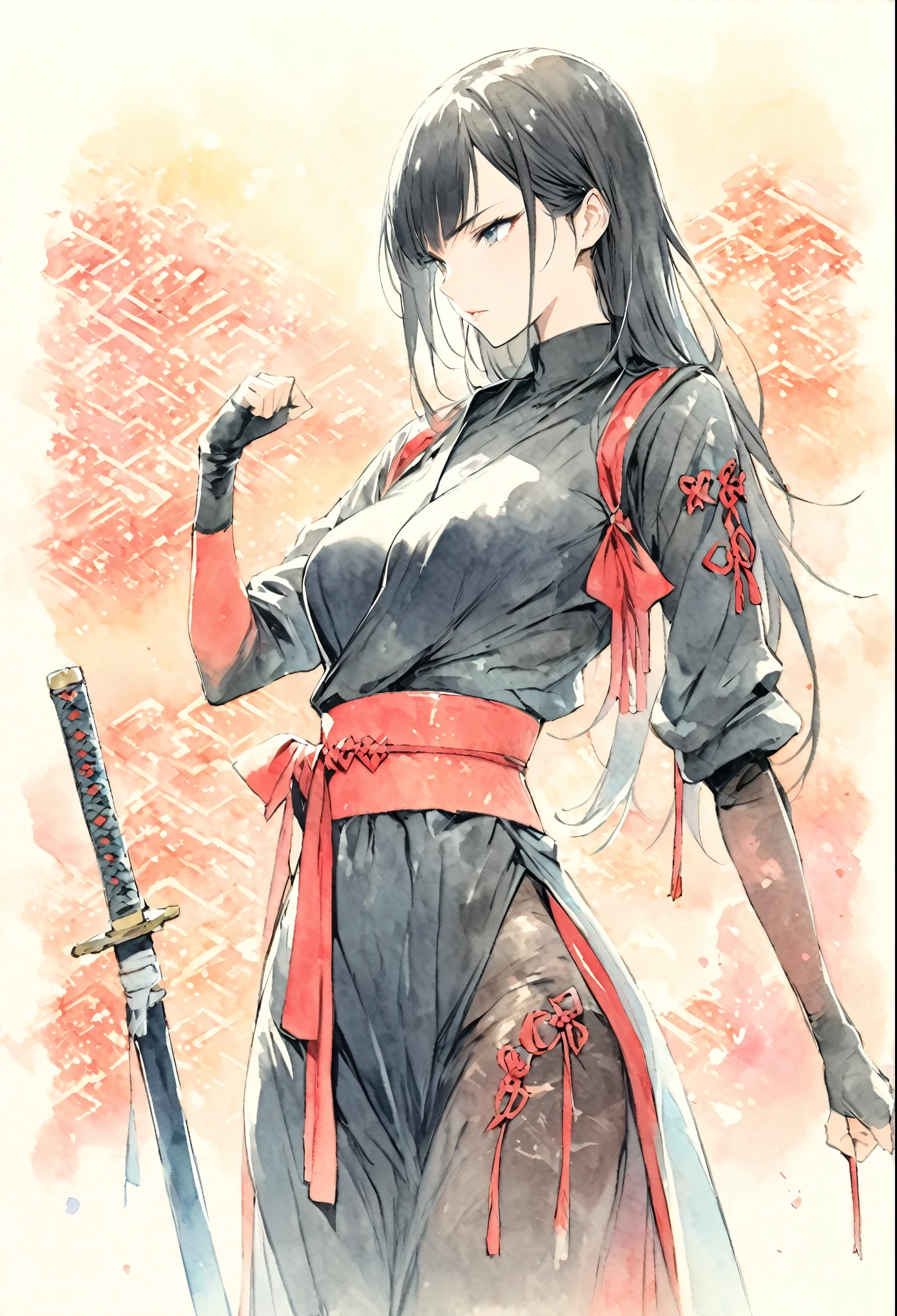 masterpiece, Best quality, Drawing of a black-haired futuristic female ninja illustration, watercolor (medium), 1girl, breast, Dressed in sophisticated modern ninja costumes,Equipped with traditional and technological weapons. She has long black hair,Tied with a red ribbon and a symbol。She must be wearing a high-end black outfit with red accents,These include letters. She holds a dagger,The hilt and scabbard have intricate patterns. The background is the Edo period, Five fingers, Right fist.