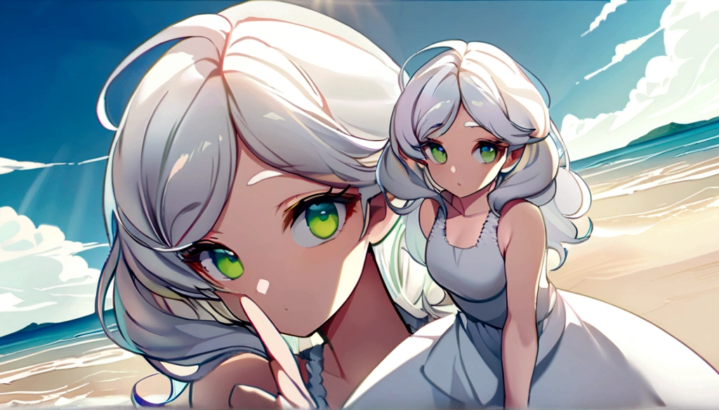 White sheer short tank top dress girl, Sexy girl with green eyes, Portrait of Sophie Mudd, (Big Eyes:1.2 ), (Subtle turquoise eyes), (Voluminous white hair: 1.8), (white hair), (large eyes), (white hair), (large eyes), (white hair), (large eyes), Selfie of a young woman, without makeup, natural makeup, Straight Looking at the Camera, Faces with artgrams, Subtle makeup, Amazing full-body shots, Pierced green eyes, Beautiful angles, attractive pose, Cute Girl, Sexy Pose, full body photograph, s whole body, full body shooting, Brunette Goddess, High Detail, Satisfying pose, seaside, waves, Sunny weather, shining sun, (Hair blowing in the breeze), Sunny weather, shining sun, (Hair blowing in the breeze), (Hair blowing in the breeze) lsrge big chest
