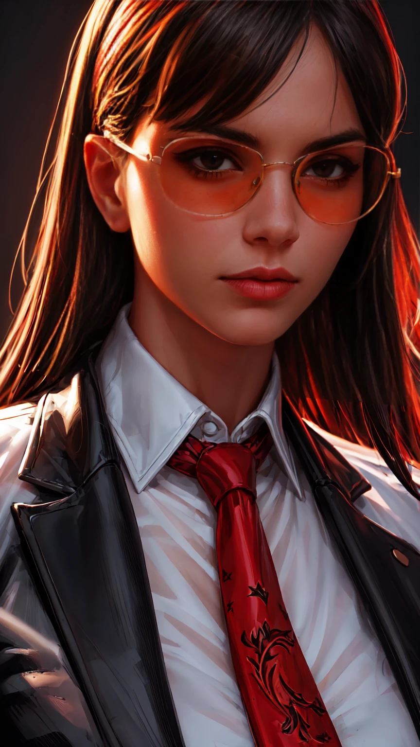 (Masterpiece, Best Quality, Ultra High Resolution) - Portrait format. Close-up . - Fancy woman, with red detailed eyes, in business suit with red tie and white shirt, dark half-rimmed aviator glasses, - The character is half-turned , looking sideways into the distance.