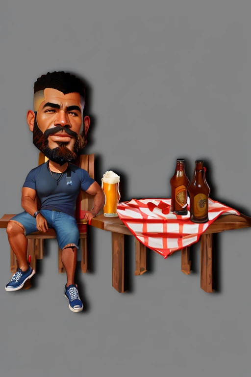 digital painting made with adobe photoshop of a man with brown skin, serrated beard, curly hair, military style haircut, wearing a white shirt with red stripes, blue jean shorts, sitting at a table in a bar, carioca rascal style, drinking beer , best quality, 8k,