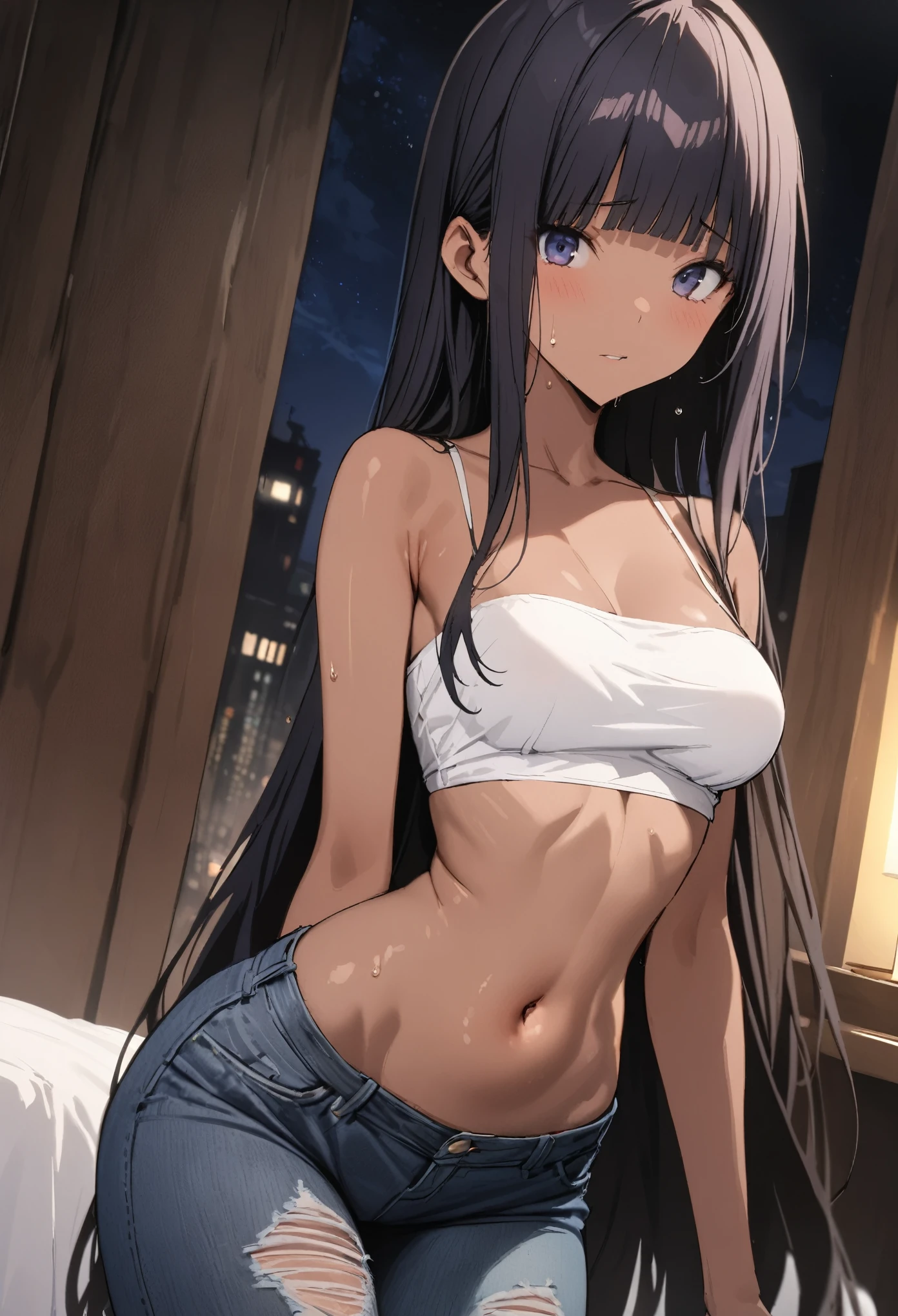 (((masterpiece, highest quality:1.3,absurdres))),25 year old beauty,solo,((very small head:1.2)),long hair,bangs,dark blue hair,dark blue eyes,gorgeous eyes,shy,medium breasts,((very long body:1.2)),((toned body,slender body)),skinny,tan skin,gleaming skin,shiny skin,sweat,((ripped jeans)),((White tube top,navel)),Simple bed,Simple bedroom、Tokyo、at night、