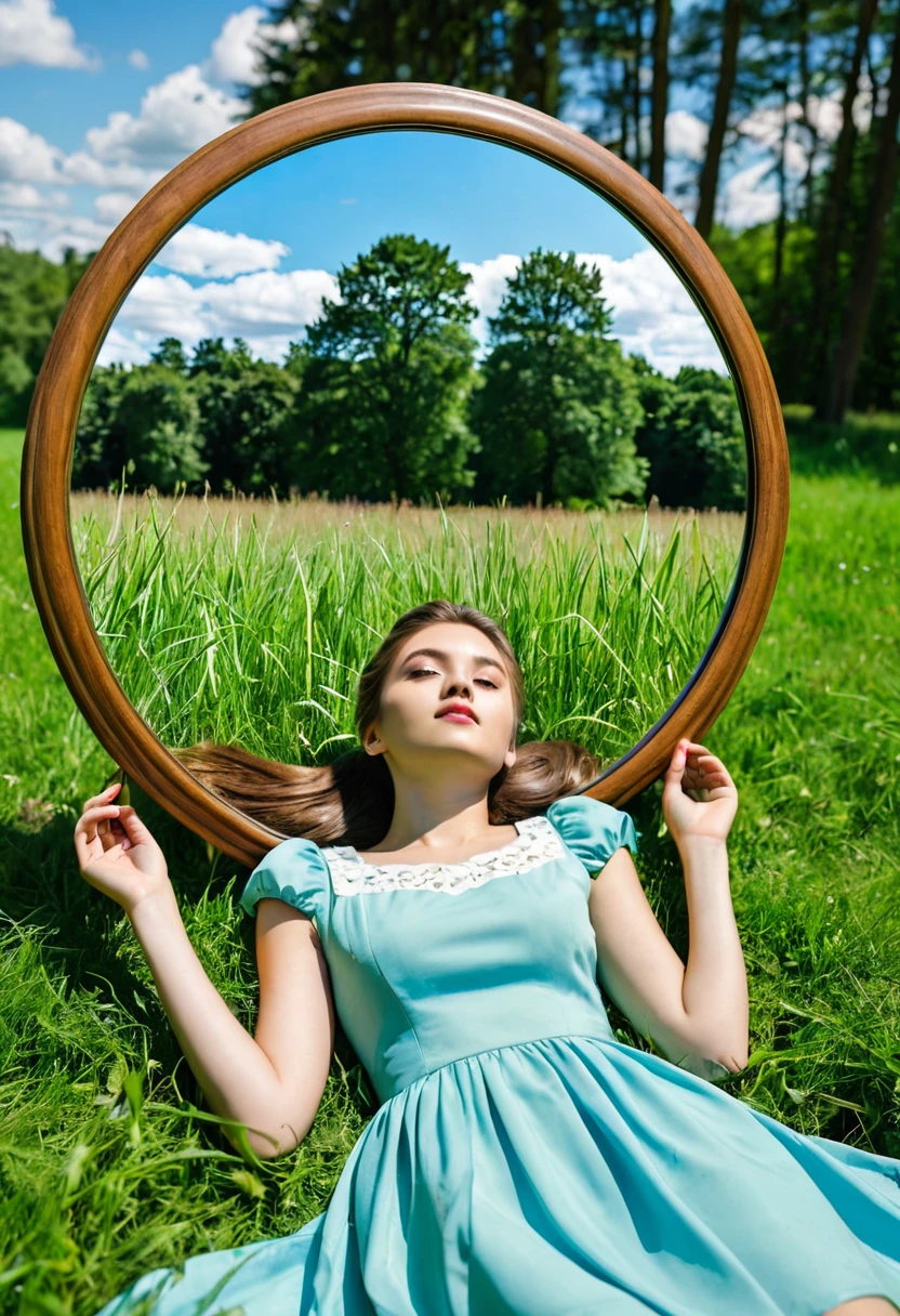 The image shows a girl lying on the grass in a field, looking into a round mirror. The mirror has a wooden frame and is surrounded by trees. The girl is wearing a blue dress and has her hair up. The trees in the background are green and the sky is visible.