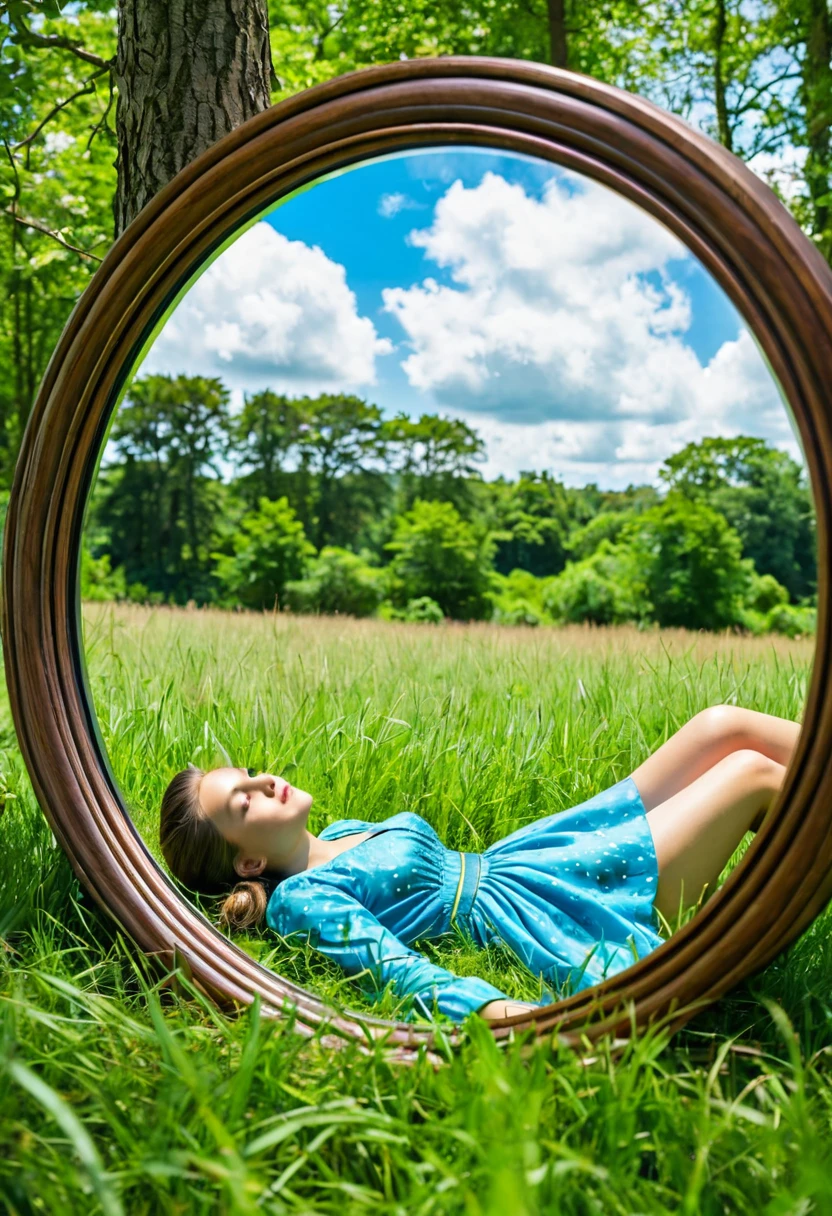 The image shows a girl lying on the grass in a field, looking into a round mirror. The mirror has a wooden frame and is surrounded by trees. The girl is wearing a blue dress and has her hair up. The trees in the background are green and the sky is visible.