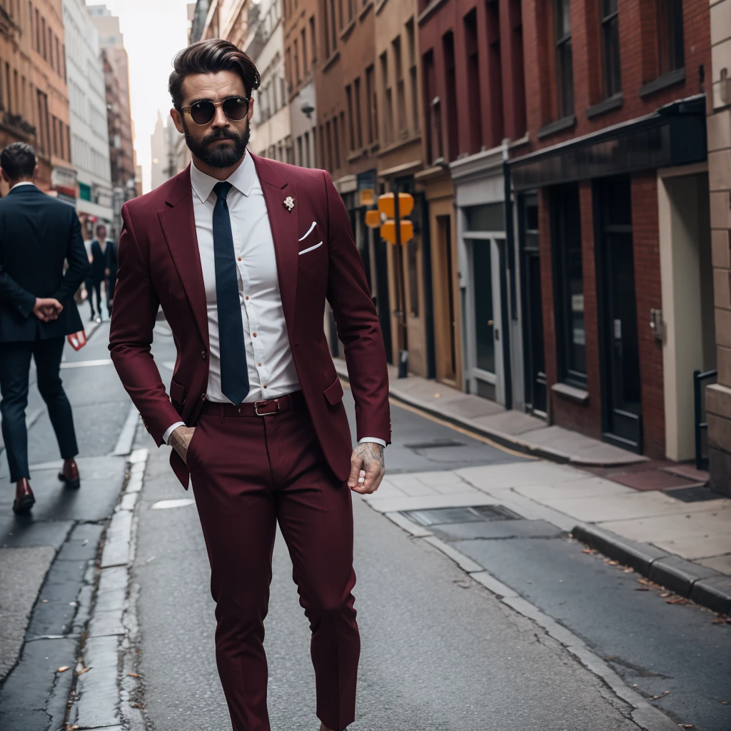 vintage, a man maroon blazer trousers, city day light , close angle shot