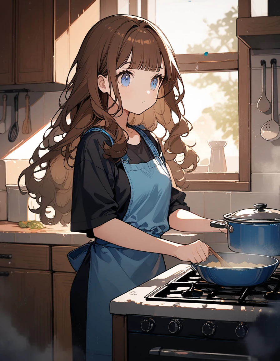 1 girl, CuteStyle, upper body, blue eyes, brown hair, long hair with bangs, dressed in a black T-shirt, dressed in a blue cooking apron, standing in the kitchen, cooking, standing near the stove, window, light, the rays of the sun make their way through the window, specks of dust in the air, focus, blurred background, detailed, beautiful, gentle tones