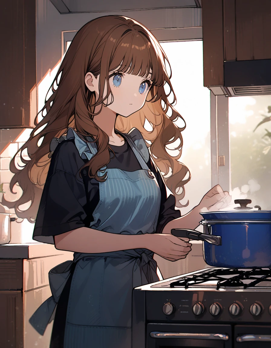 1 girl, CuteStyle, upper body, blue eyes, brown hair, long hair with bangs, dressed in a black T-shirt, dressed in a blue cooking apron, standing in the kitchen, cooking, standing near the stove, window, light, the rays of the sun make their way through the window, specks of dust in the air, focus, blurred background, detailed, beautiful, gentle tones