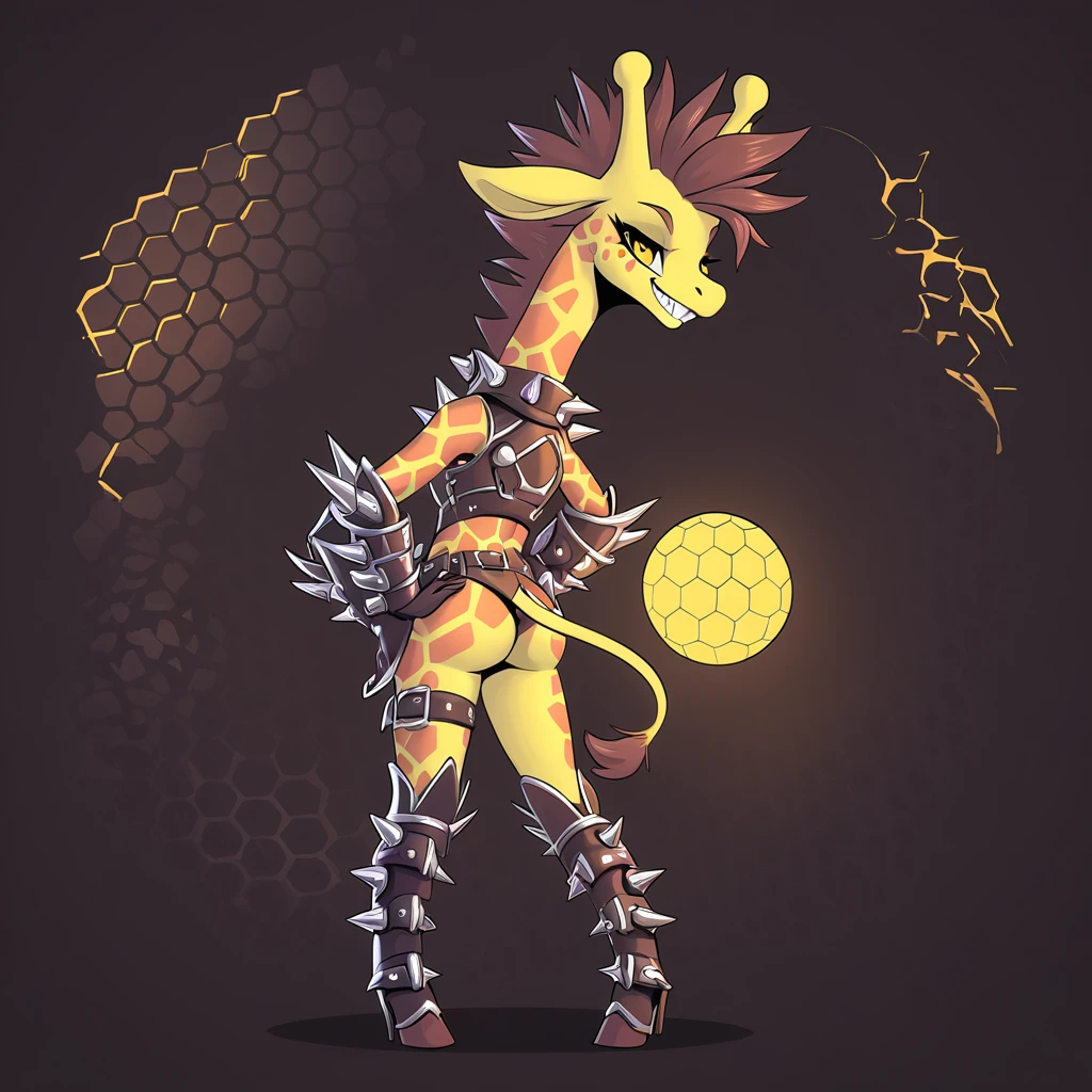 giraffe monster girl that is half yellow fur and dark brown hexagon  spots and half dark brown fur with yellow hexagon  spots with pink spikes down neck and back and white giraffe-like horns with a tail that has a orb on the end with eyes and fanged grin and silver spiked hair wearing leather armor
