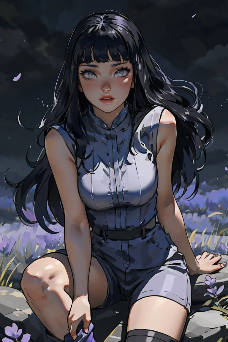 1 girl, Hinata Hyuga, the last, shy girl, long black hair, blunt bangs, dark hair, Voluminous hair, lavender eyes, no pupils, Lavender Sleeveless Kimono Blouse, long black boots, navy blue shorts, Black translucent stockings, holster, bandage on thigh, open sandals, big breasts, wide hips, shapely legs, slim waist, looking at viewer, masterpiece, best quality, Professional, realistic, Adult, 26 years.