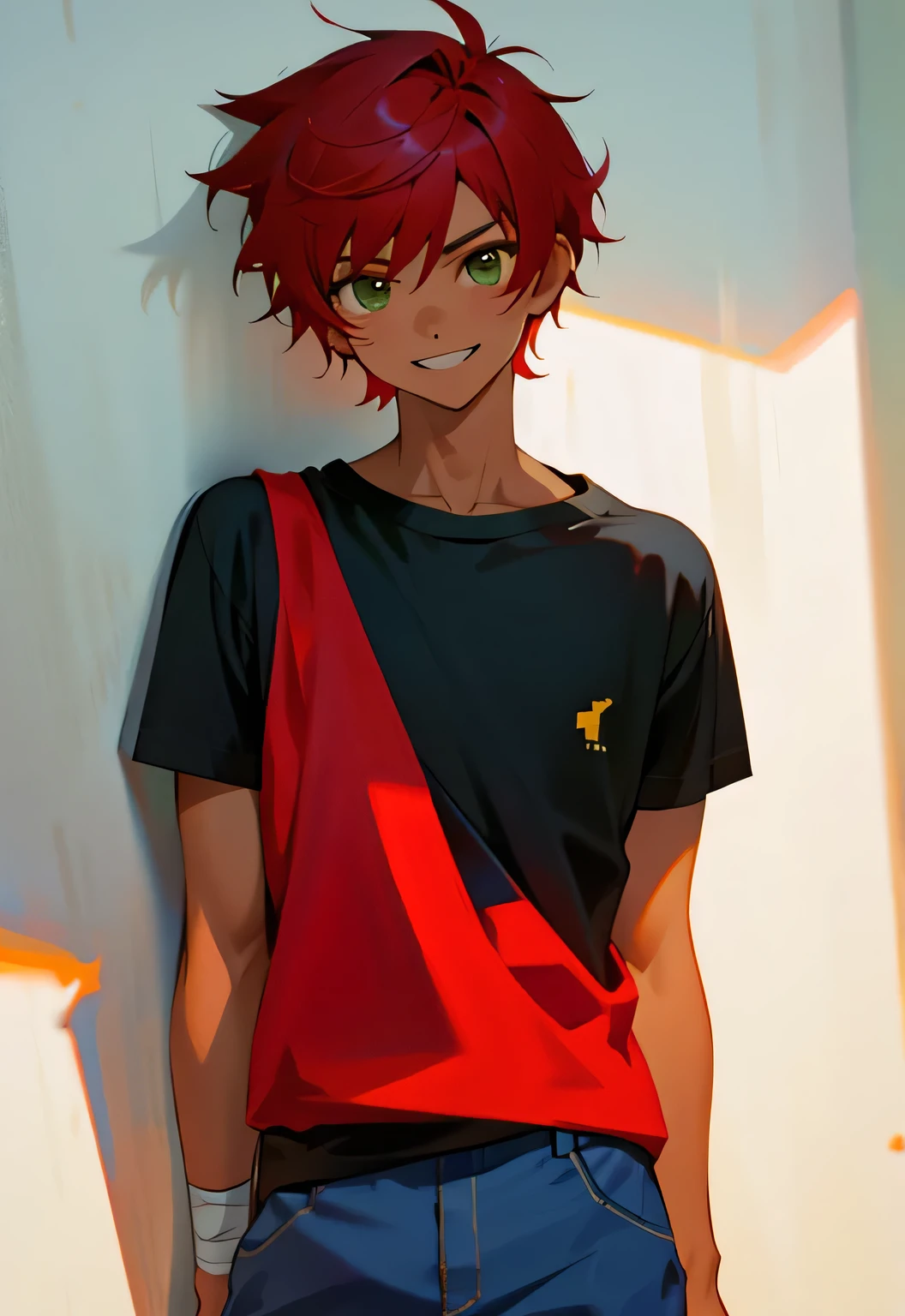 (masterpiece), ((sfw)), best quality, expressive eyes, perfect face, , (1girl,, young adult, handsome girl, longer face, flat body), solo, red hair messy short cut hair, green eyes BREAK (tanned skin, tanned male), slightly musclecular, cowboy shot, graphic t-shirt BREAK pants BREAK standing, boy looking, longer face, leaning against wall, grin , scratches and bandages on face