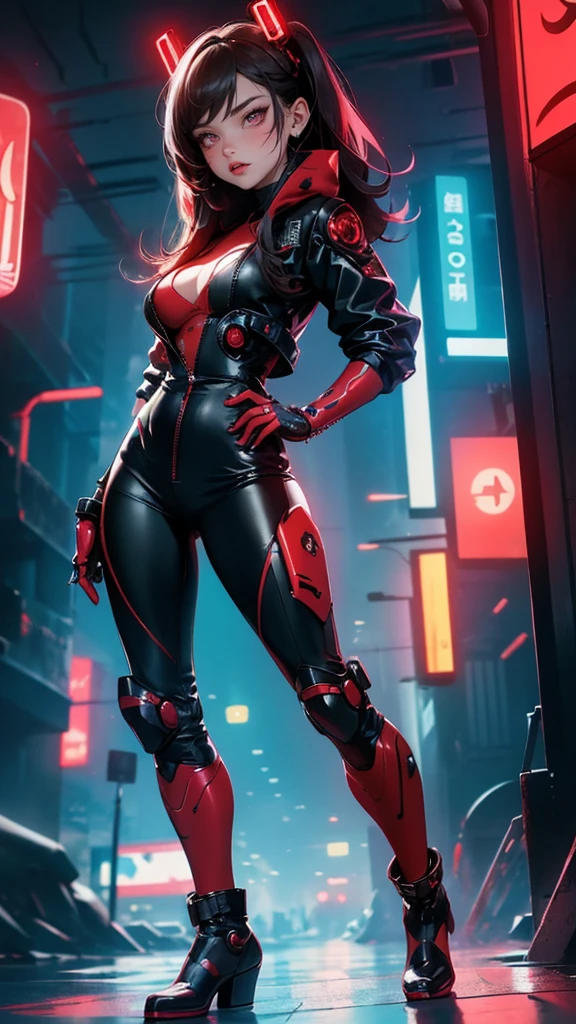 Cute Girl, masterpiece,(bestquality),highlydetailed,ultra-detailed,1 girl,(black and red tones),(mechanical),(cool),(biodesign),(cyborg),(biomechanics),long black hair with red highlights,(metallic skin),(glowing red eyes),(cybernetic limbs),(wires and tubes),(futuristic outfit),(leather jacket),(combat boots),(in a cyberpunk city with neon lights),(holding a gun),(looking confident and fierce)