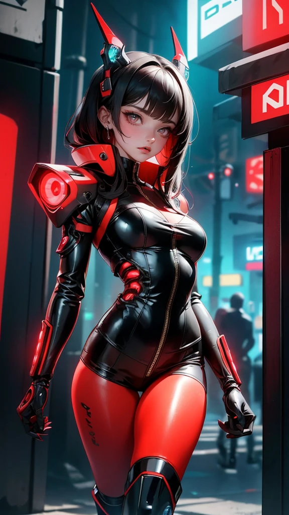 Cute Girl, masterpiece,(bestquality),highlydetailed,ultra-detailed,1 girl,(black and red tones),(mechanical),(cool),(biodesign),(cyborg),(biomechanics),long black hair with red highlights,(metallic skin),(glowing red eyes),(cybernetic limbs),(wires and tubes),(futuristic outfit),(leather jacket),(combat boots),(in a cyberpunk city with neon lights),(holding a gun),(looking confident and fierce)