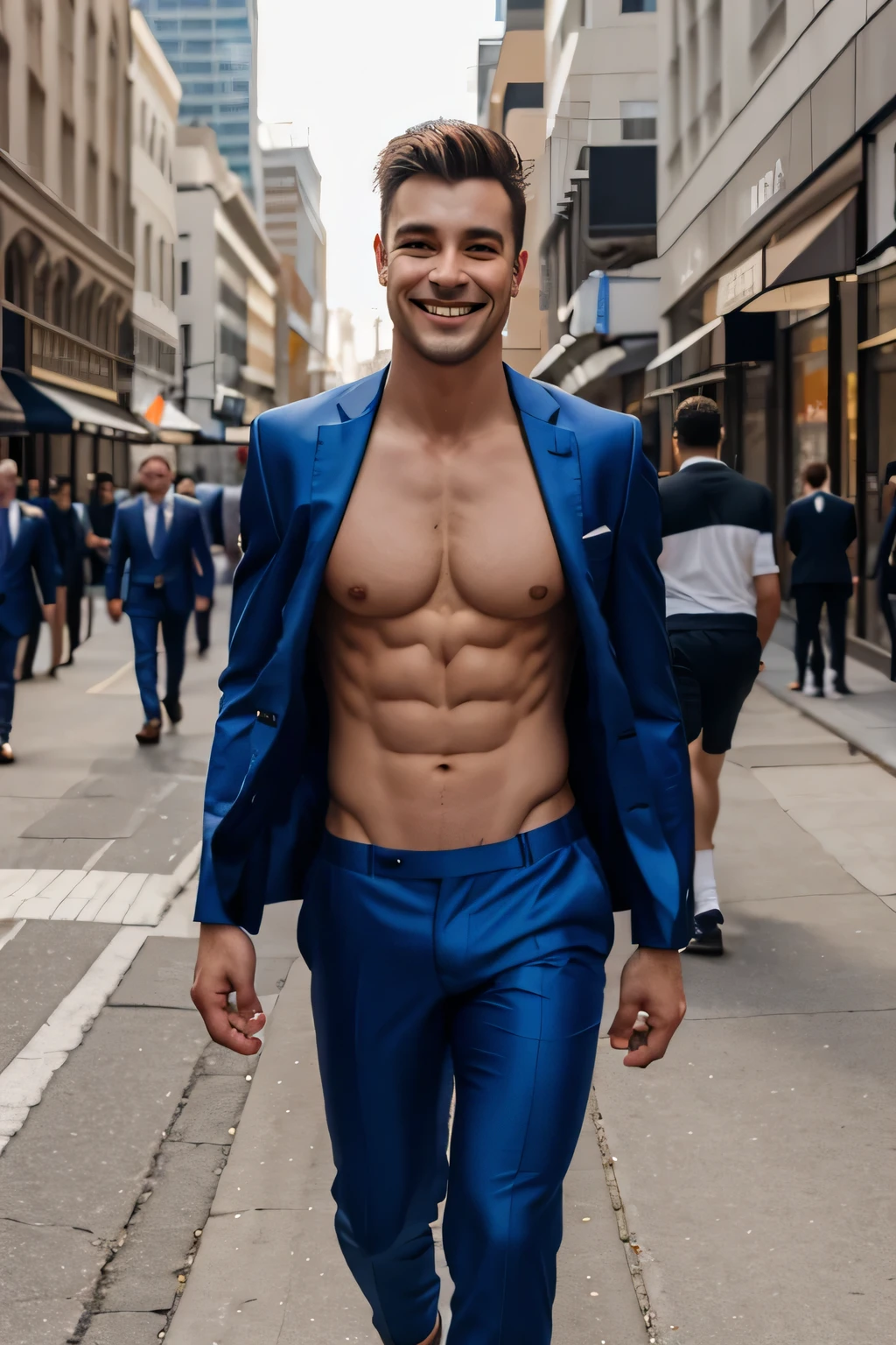 Mr.kristofer is walking shirtless in a paded suit on a City Street. He got attention. He smile. He just wear the paded suit with no Shirt inside.