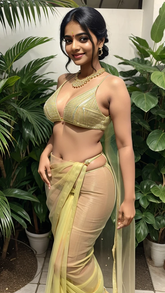 Indian bengali women wearing transparent saree without blouse and smiling