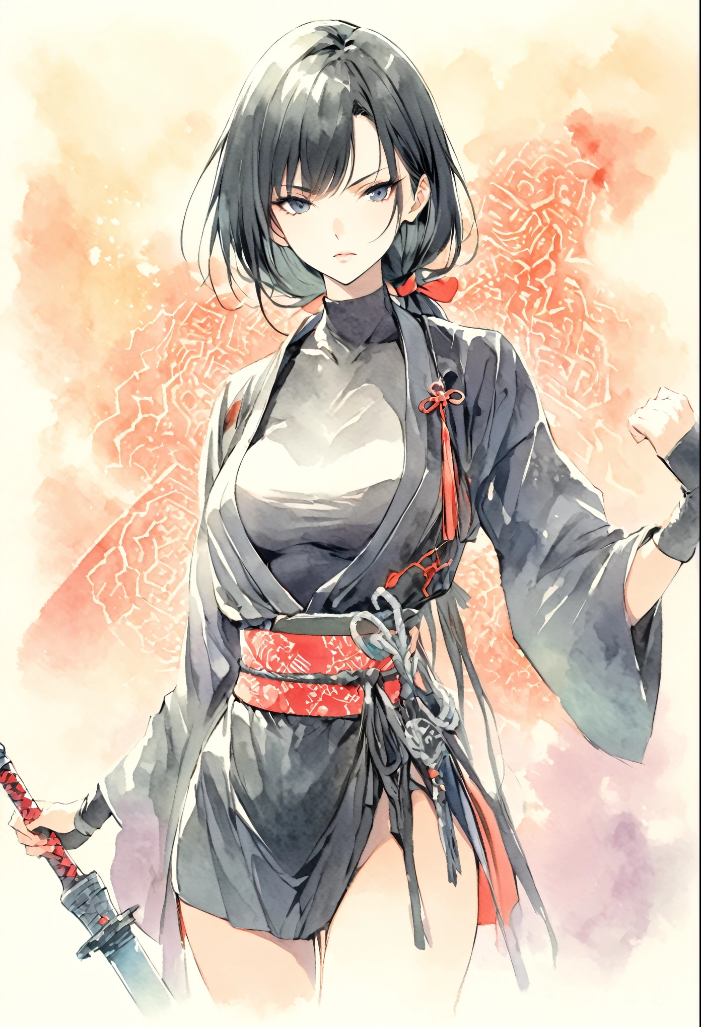 masterpiece, Best quality, Drawing of a black-haired futuristic female ninja illustration, watercolor (medium), 1girl, breast, Dressed in sophisticated modern ninja costumes，Equipped with traditional and technological weapons. She has long black hair，Tied with a red ribbon and a symbol。She must be wearing a high-end black outfit with red accents，These include letters. She holds a dagger，The hilt and scabbard have intricate patterns. The background is the Edo period, Five fingers, Right fist.