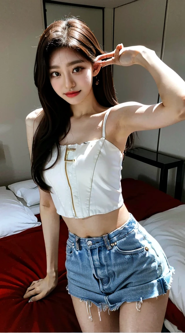 ((Best image quality)、Korean 20 years old、In a private luxury villa, NFSW, high resolution, Natural and smooth implementation, head and body balance、Perfect 바디 뷰티:1.4、slim、thin legs、((dark brown hair、very small breasts:1.2))、, Highly detailed face and skin textures、eye for detail、shy smile、Perfect 、with legs spread, lighting areola、Aiming to become a gravure idol、An angle slightly lower than the front、top quality、reality、open crotch、cute appearance、small ass、K-pop makeup、embarrassed expression、thin waist, White and clear skin, cute belly fat, chubby, Narrow pelvis, hairstyle for long hair, wet, natural implementation, one piece, clear and bright weather, bed, Temptation