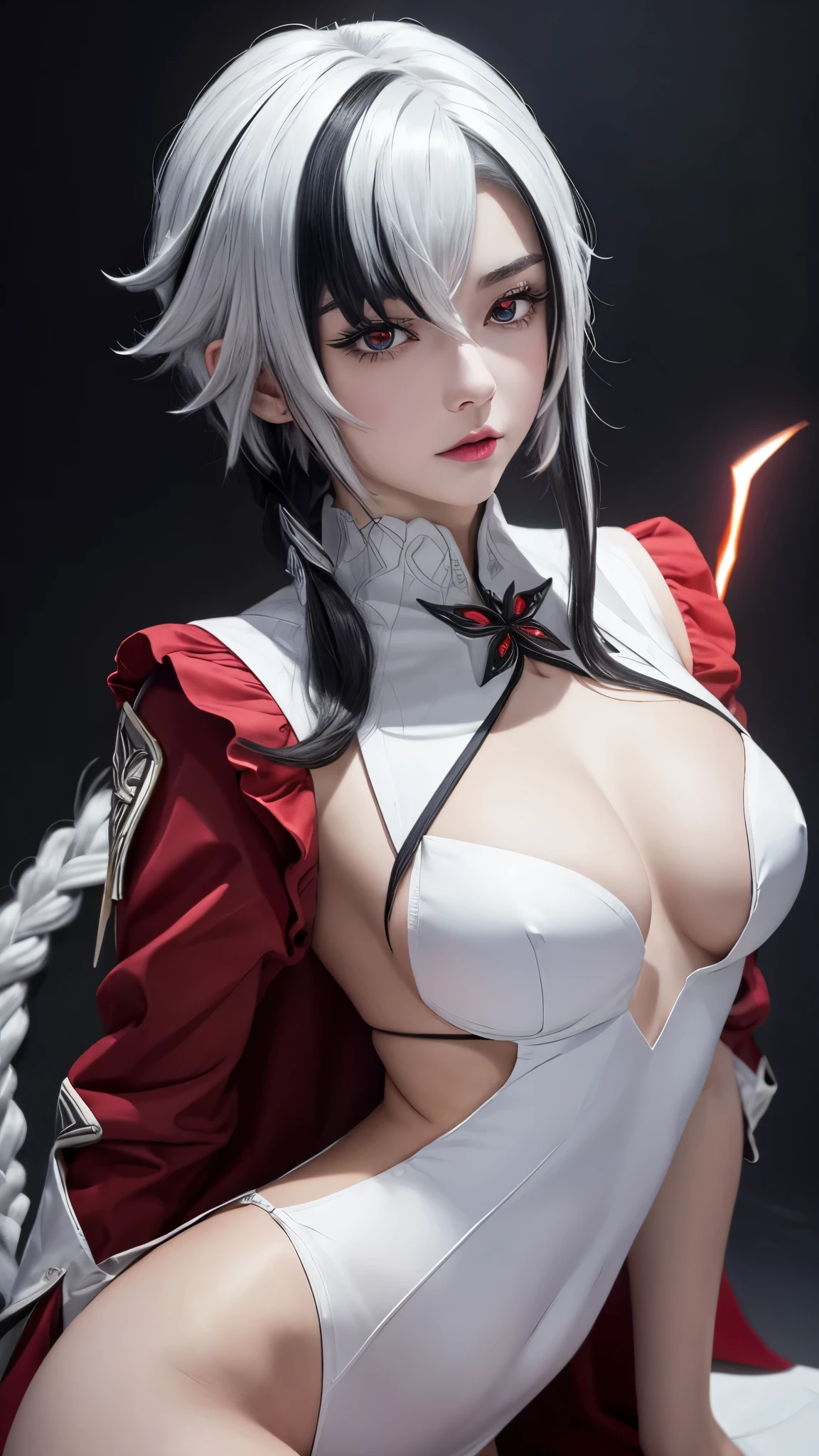 （，4K，high resolution，masterpiece：1.2），Ultra-detailed，Realism，White hair，Black Hair，Colorful Hair，short hair，Straight Hair，White hair long braid，Glowing red eyes，Red X pupil（focus），naughty girl，Low collar white collar，Stand on tiptoe，Long legs，major，Portrait，Beautiful and detailed eyes、gaze、Focus、Bright colors、Studio Lighting