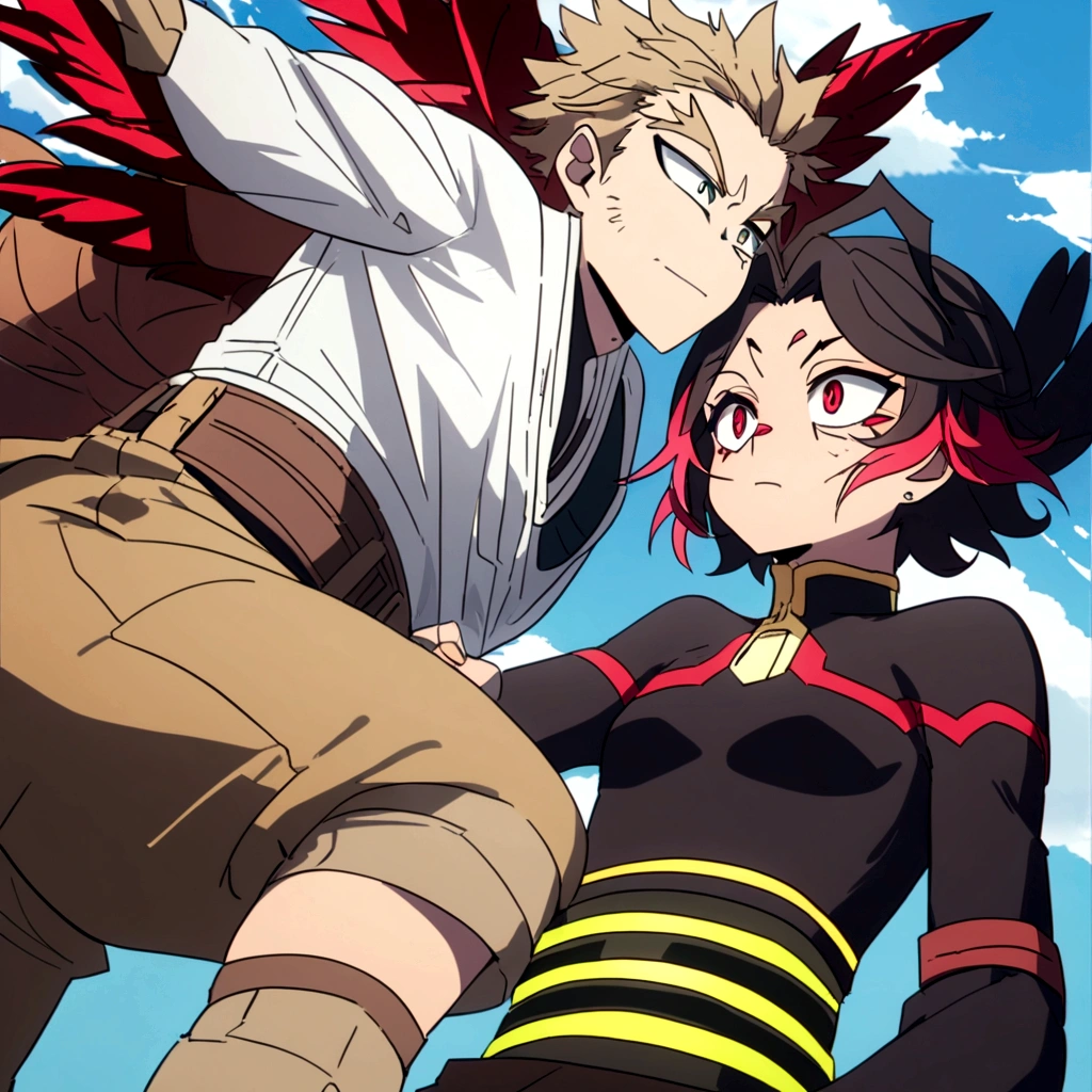Estilo manga panel de Boku no hero, personaje masculino Hawks, cabello corto rubio ligeramente ondulado, ojos dorados con delineado, cejas pobladas, alas rojas,  Jugando en la nieve con ,Girl with short black hair with crimson red tips. ojos verdes con pecas en sus mejillas. small and slim stature with few frontal attributes wearing a white tunic on top and a long skirt with two slits on her legs