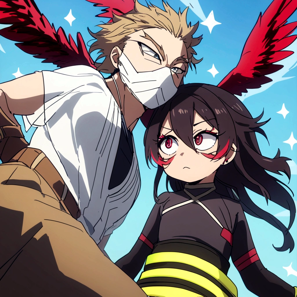 Estilo manga panel de Boku no hero, personaje masculino Hawks, cabello corto rubio ligeramente ondulado, ojos dorados con delineado, cejas pobladas, alas rojas,  Jugando en la nieve con ,Girl with short black hair with crimson red tips. ojos verdes con pecas en sus mejillas. small and slim stature with few frontal attributes wearing a white tunic on top and a long skirt with two slits on her legs