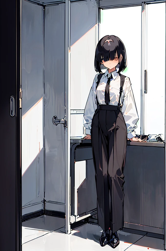 (((((shy girl))))), ((((((shy posture)))))), ((((hands behind back)))), (((shyly looking at camera))), (((1 Girl))), (((standing up straight))), (((full body))), ((((flat chested)))), ((((Urabe Mikoto Mysterious Girlfriend X anime style haircut)))), ((((((((hair bangs over eyes)))))))), ((((eyes behind hair)))), (((short messy bob-cut))), (((eyes not visible due to being covered by hair))), ((eyes not visible due to be hidden by hair bangs)), ((((black high-waist long slacks)))), ((black suspenders)), (((black tie))), (((women's dress shirt))), ((women's dress shoes)), (((20-year-old Office Lady))), ((((Office Setting)))).