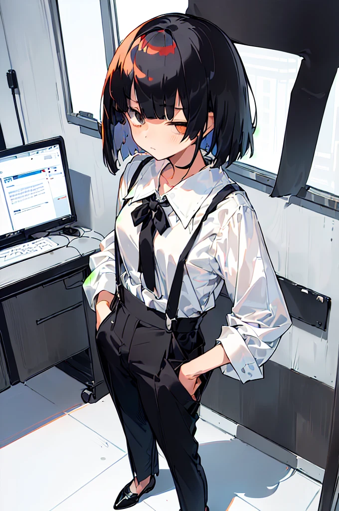 (((((shy girl))))), ((((((shy posture)))))), ((((hands behind back)))), (((shyly looking at camera))), (((1 Girl))), (((standing up straight))), (((full body))), ((((flat chested)))), ((((Urabe Mikoto Mysterious Girlfriend X anime style haircut)))), ((((((((hair bangs over eyes)))))))), ((((eyes behind hair)))), (((short messy bob-cut))), (((eyes not visible due to being covered by hair))), ((eyes not visible due to be hidden by hair bangs)), ((((black high-waist long slacks)))), ((black suspenders)), (((black tie))), (((women's dress shirt))), ((women's dress shoes)), (((20-year-old Office Lady))), ((((Office Setting)))).