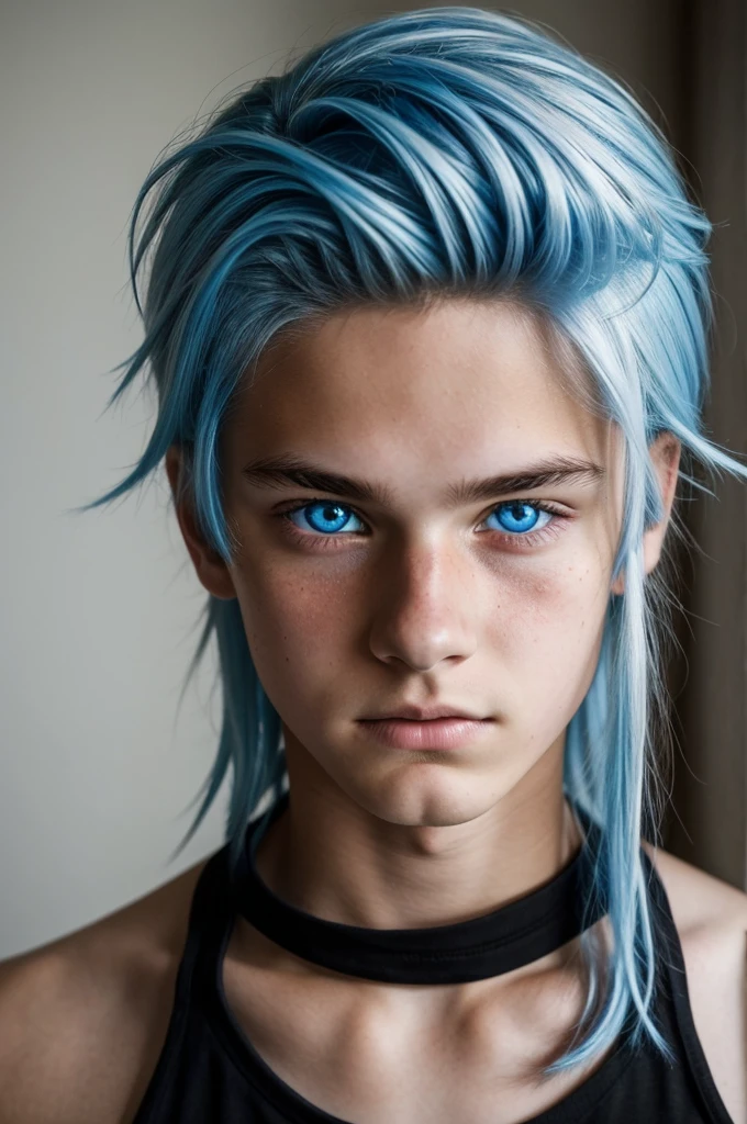 Lone young teenage boy, has heterochromia, {blue eye} on left, red eye on right, Long black and white hair, has Ash skin, 